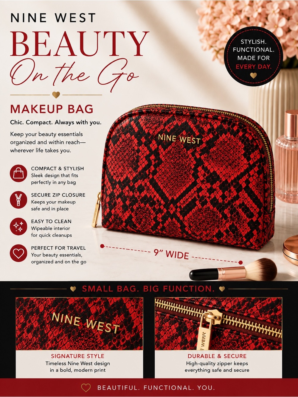 Nine West Red and Black Snake-Print Makeup Pouch with Gold Trim
